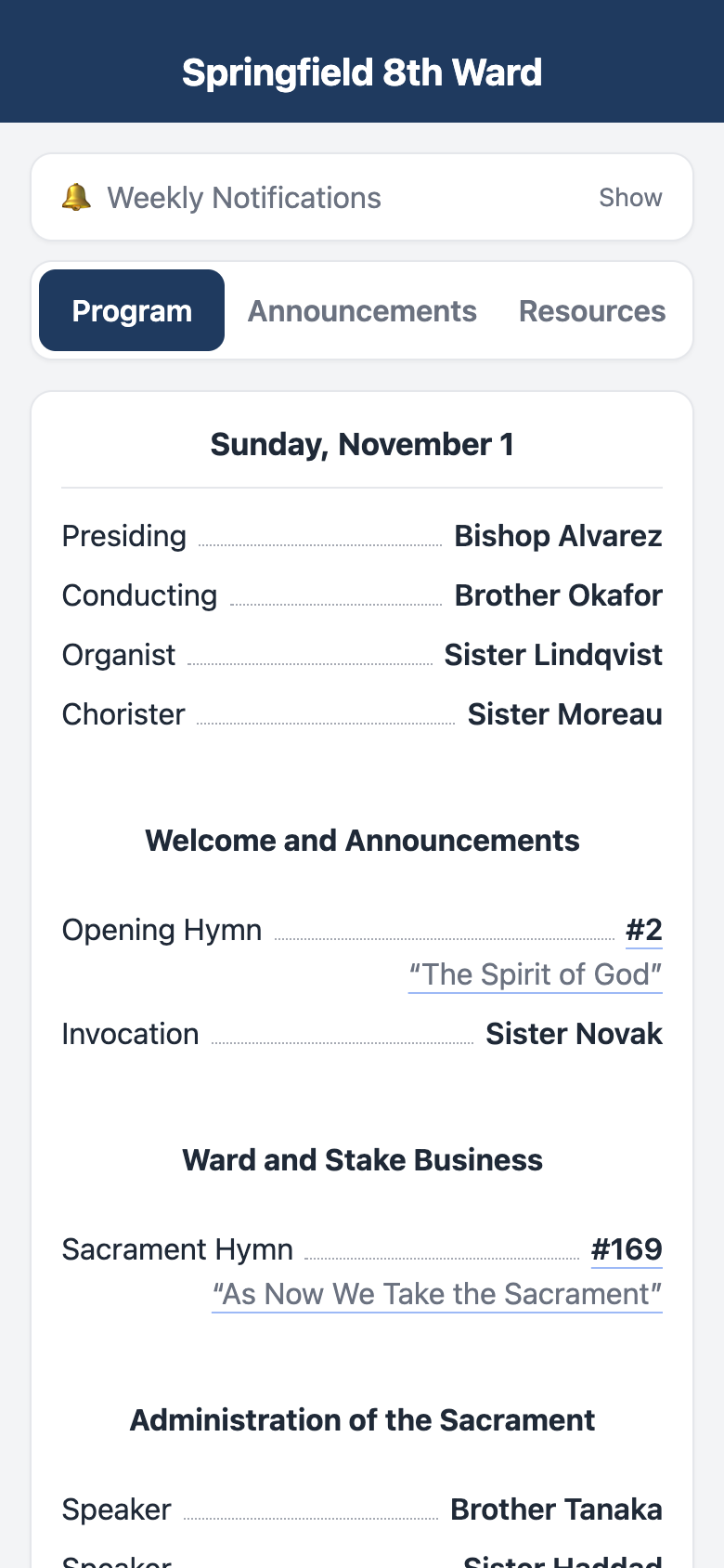 The sacrament meeting program on a phone